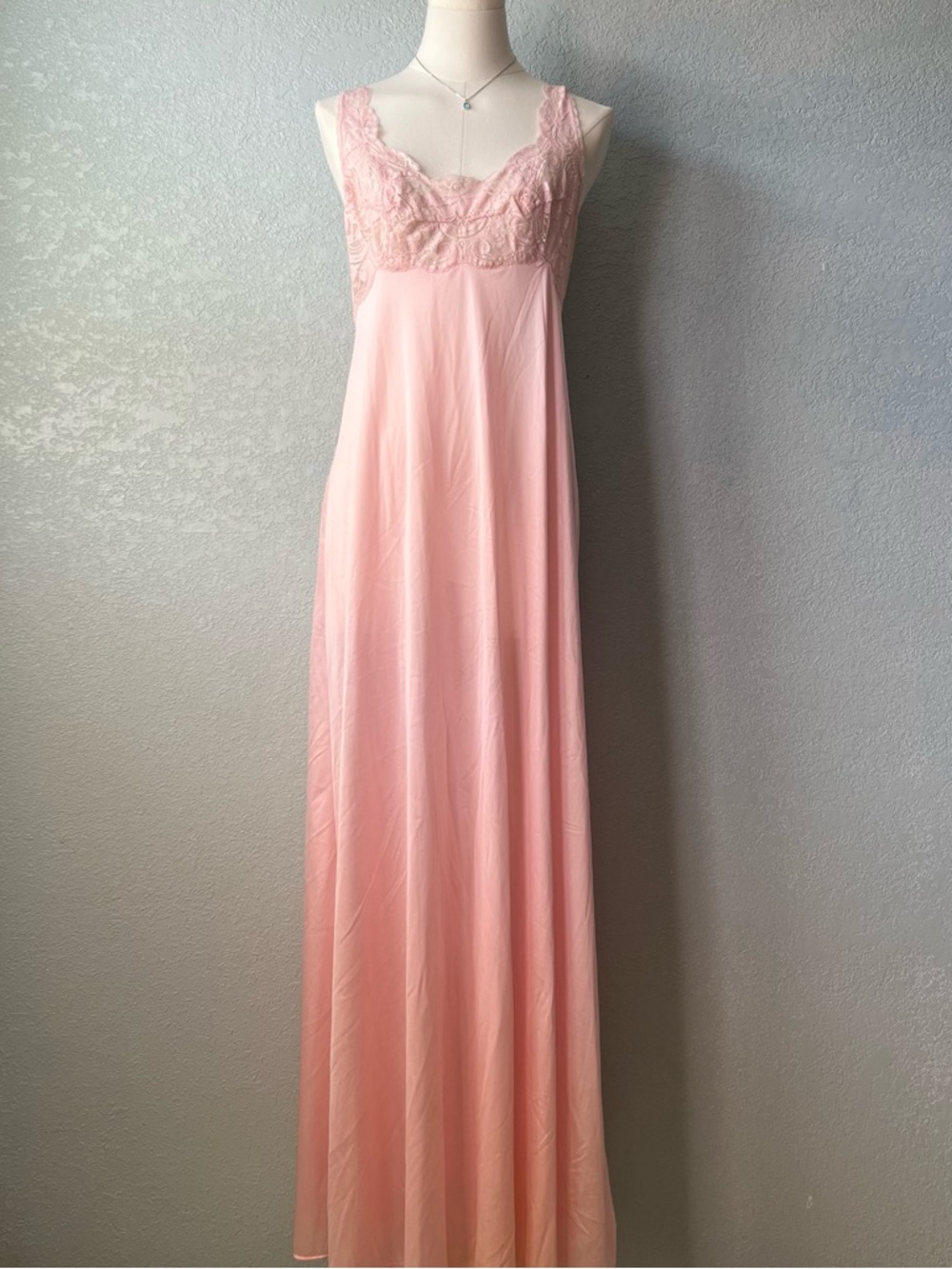 Vintage Pink Nylon Lace Nightgown Maxi Slip Dress 90s Coquette USA L